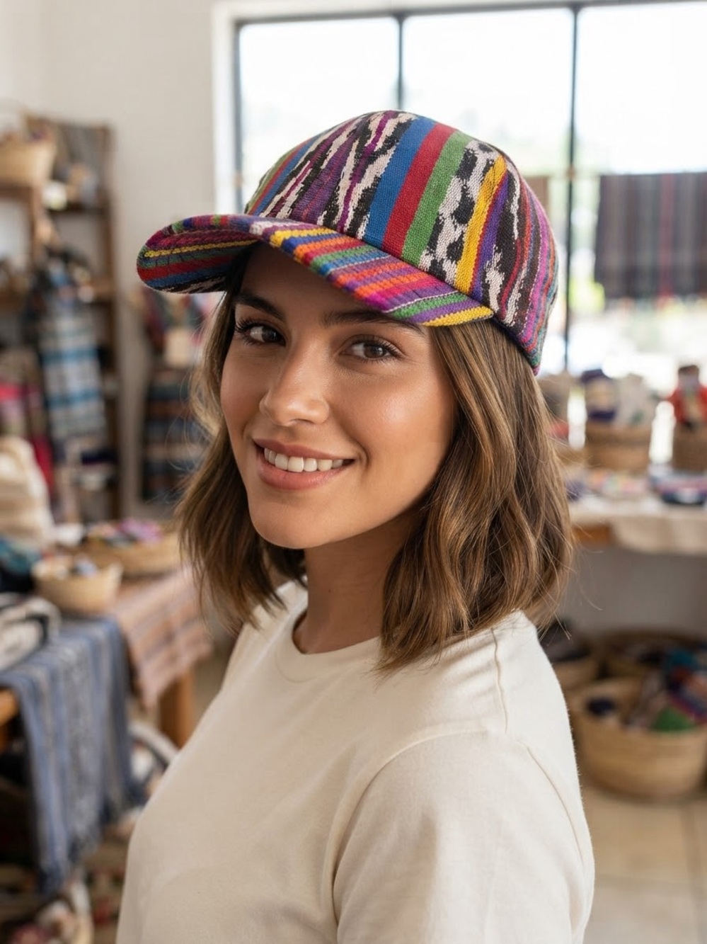 Striped Multicolor Cotton Baseball Cap - Women's